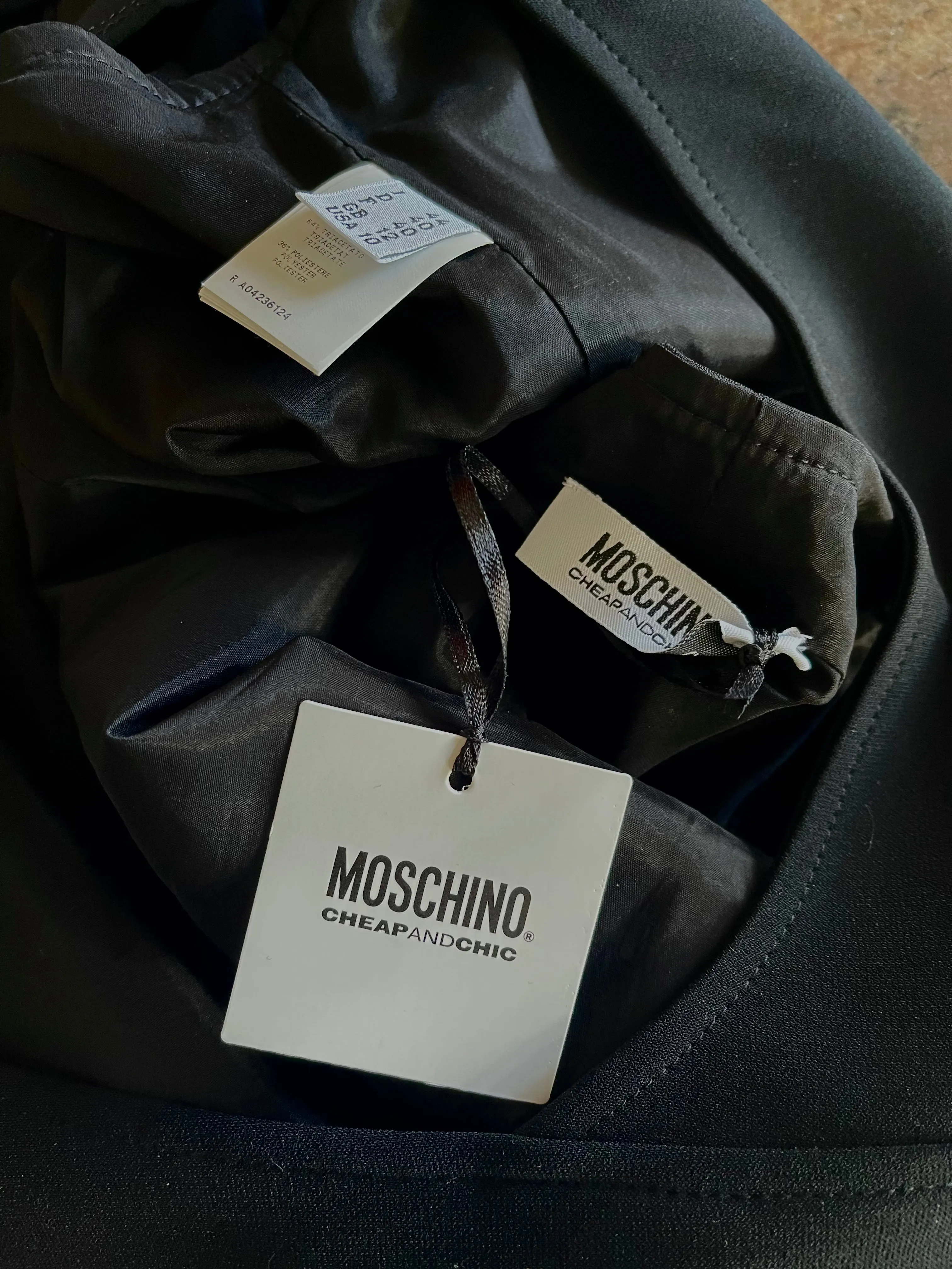 Early 2000s Moschino Cheap & Chic Black Stretch Crepe Dress w Removable Pearl Collar