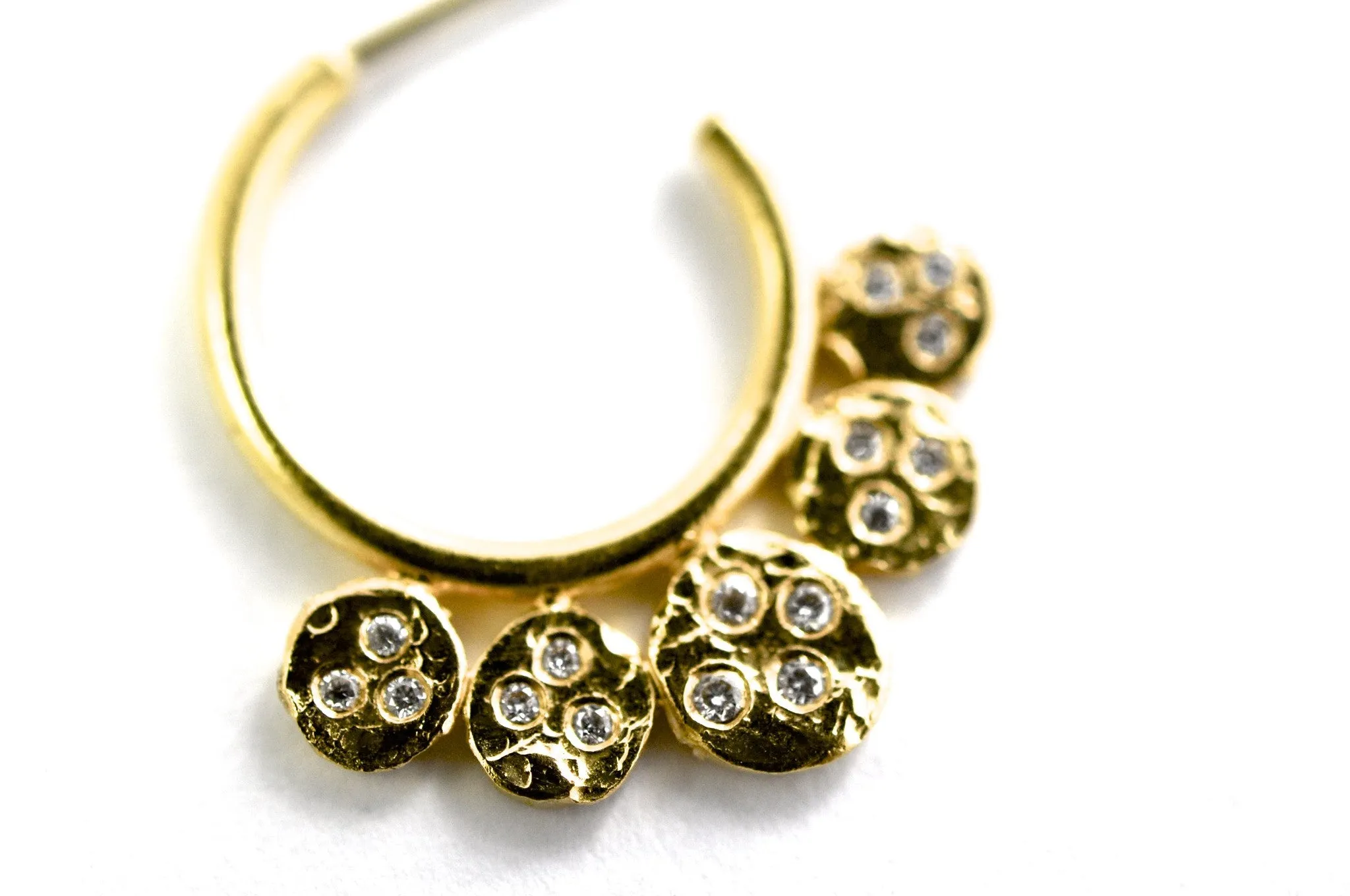 earrings / gold hammered  22k   diamonds hoops