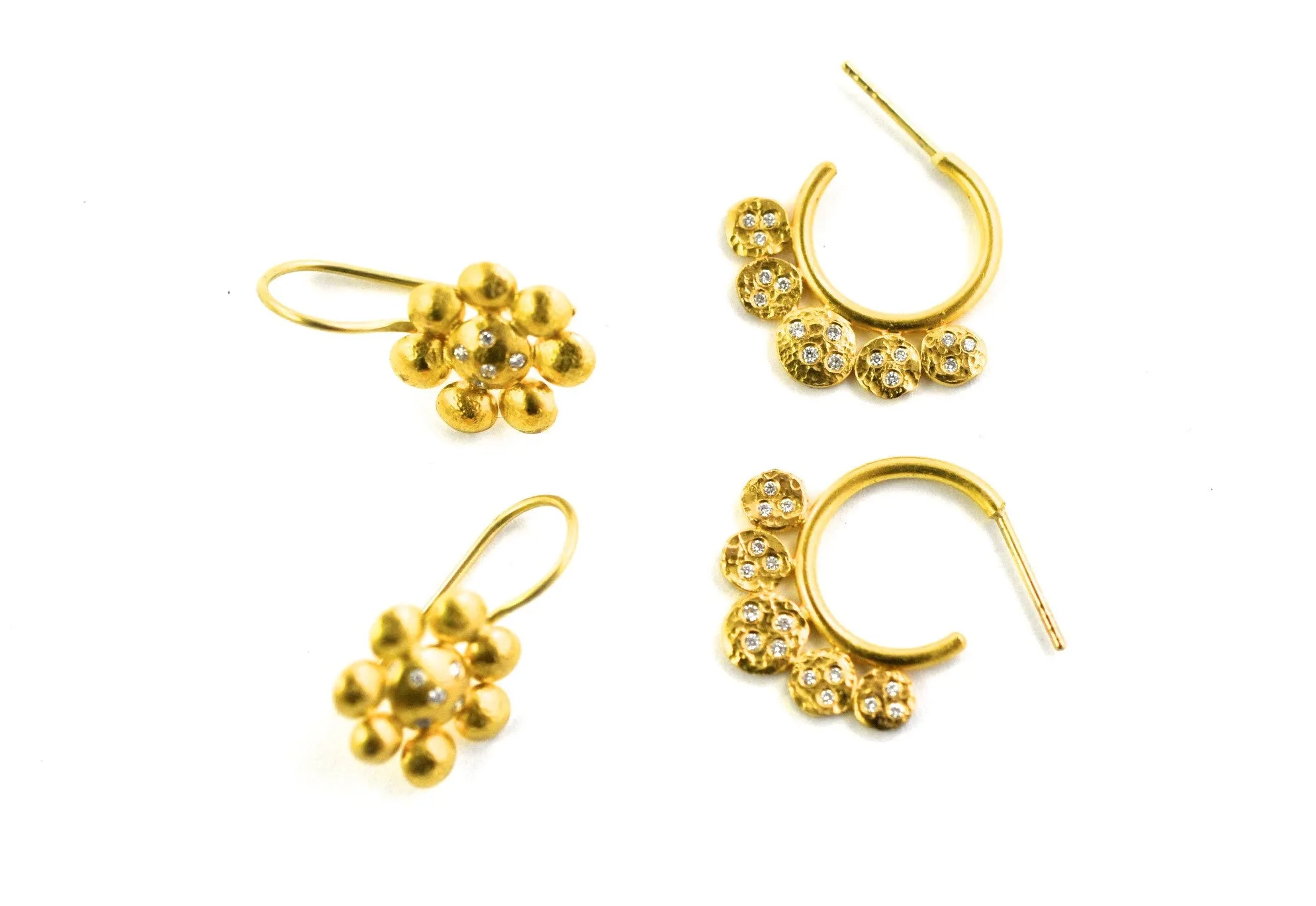 earrings / gold hammered  22k   diamonds hoops