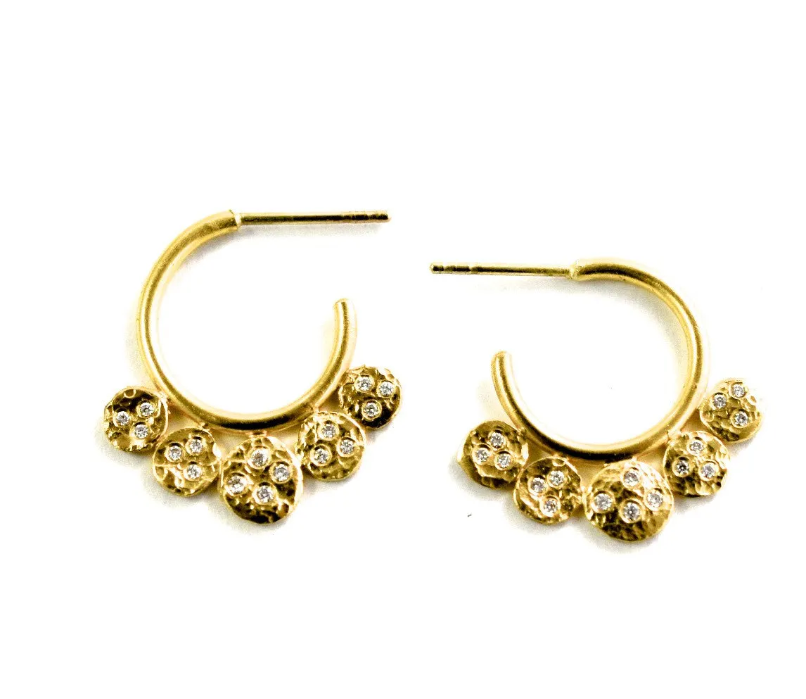 earrings / gold hammered  22k   diamonds hoops