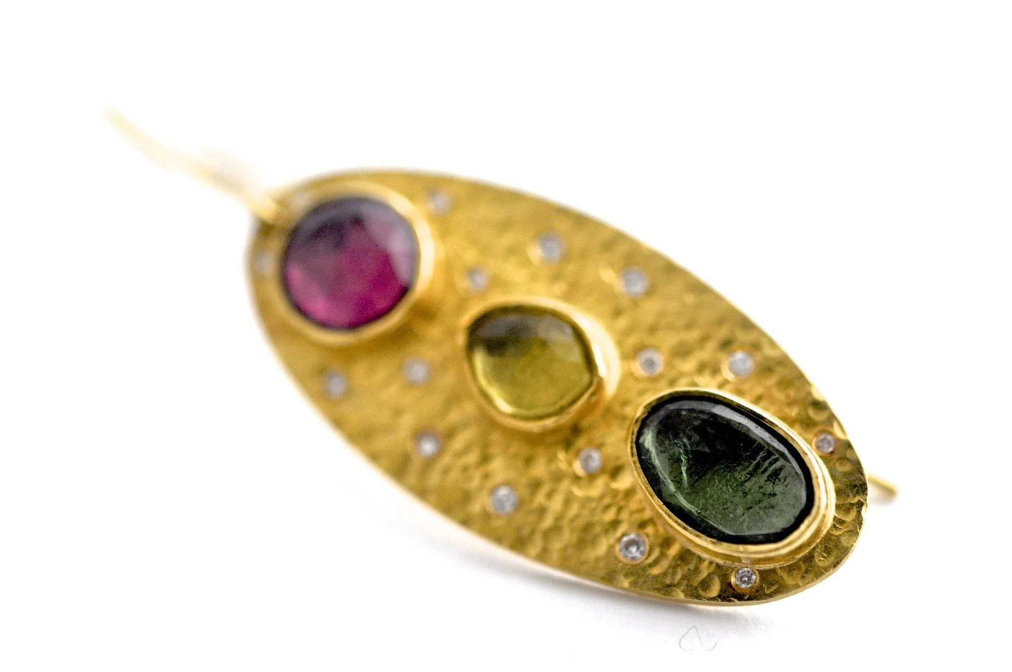 earrings / gold hammered 22k   tourmalines   diamonds