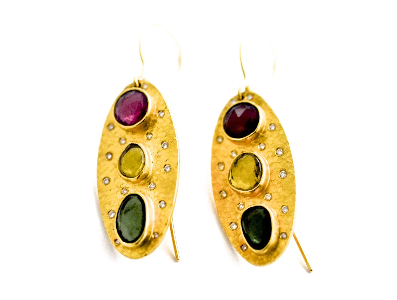 earrings / gold hammered 22k   tourmalines   diamonds