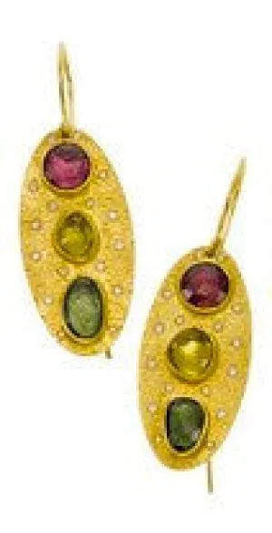 earrings / gold hammered 22k   tourmalines   diamonds