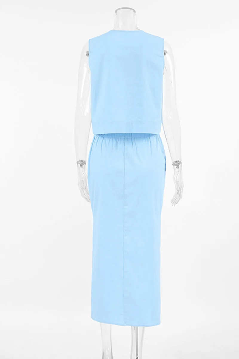 Elegant Simplicity Solid Buttons Slit O Neck Sleeveless Two Pieces