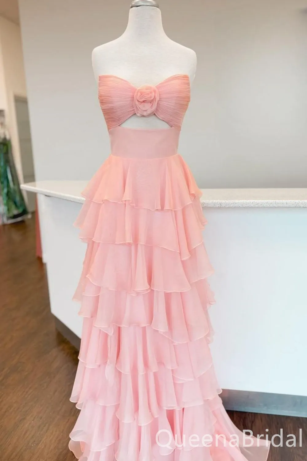 Elegant Strapless Blush Pink Tiered A-line Long Prom Dresses ,WGP1638