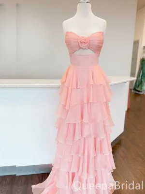 Elegant Strapless Blush Pink Tiered A-line Long Prom Dresses ,WGP1638