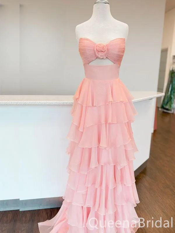 Elegant Strapless Blush Pink Tiered A-line Long Prom Dresses ,WGP1638