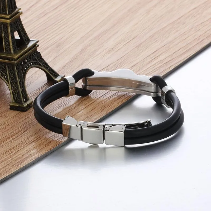 Fashion Rubber Bangle Bracelet Desinger Silicone Wristband 316L Stainless Steel Men's Bracelet