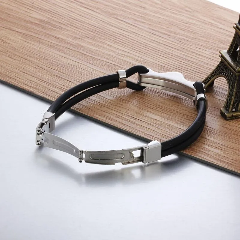 Fashion Rubber Bangle Bracelet Desinger Silicone Wristband 316L Stainless Steel Men's Bracelet