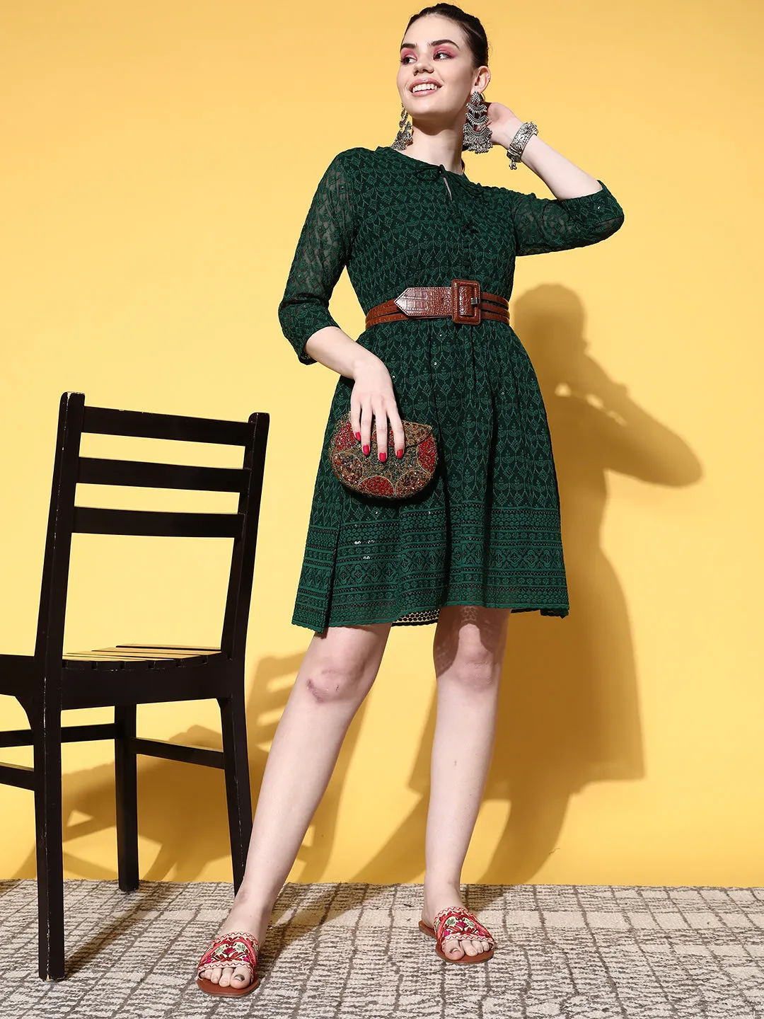 Georgette Mandarin Collar Bottle Green Chikankari Embroidery with Sequin Work  Midy for Women - ZOLA