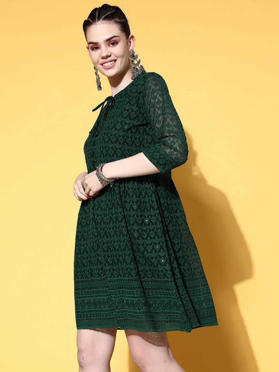 Georgette Mandarin Collar Bottle Green Chikankari Embroidery with Sequin Work  Midy for Women - ZOLA