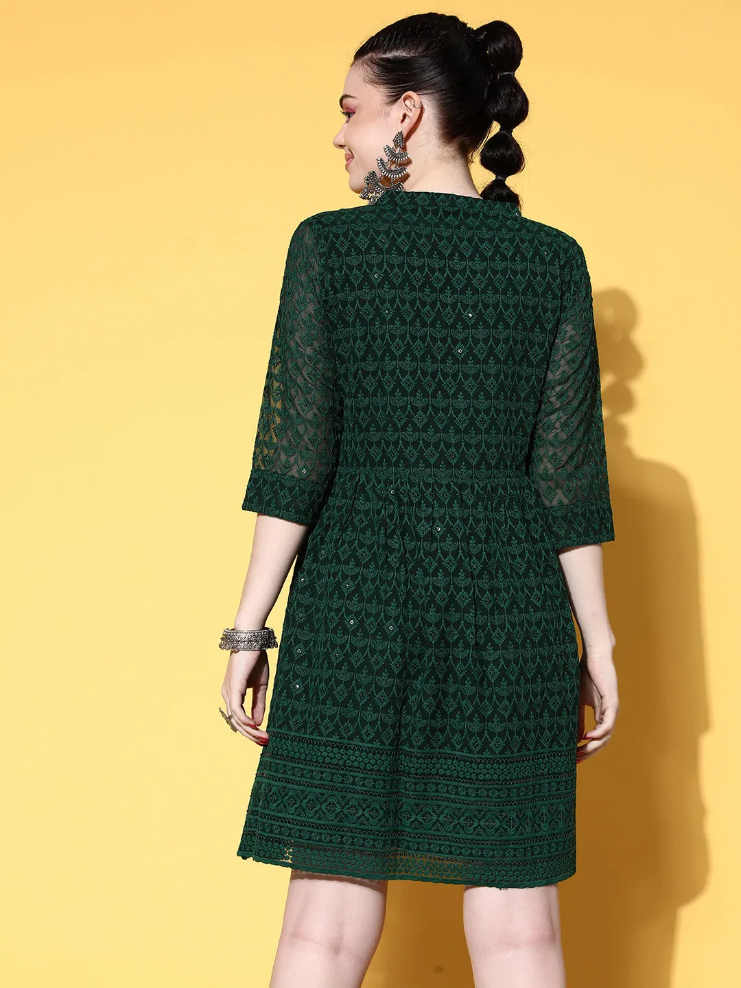 Georgette Mandarin Collar Bottle Green Chikankari Embroidery with Sequin Work  Midy for Women - ZOLA
