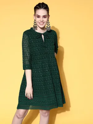 Georgette Mandarin Collar Bottle Green Chikankari Embroidery with Sequin Work  Midy for Women - ZOLA