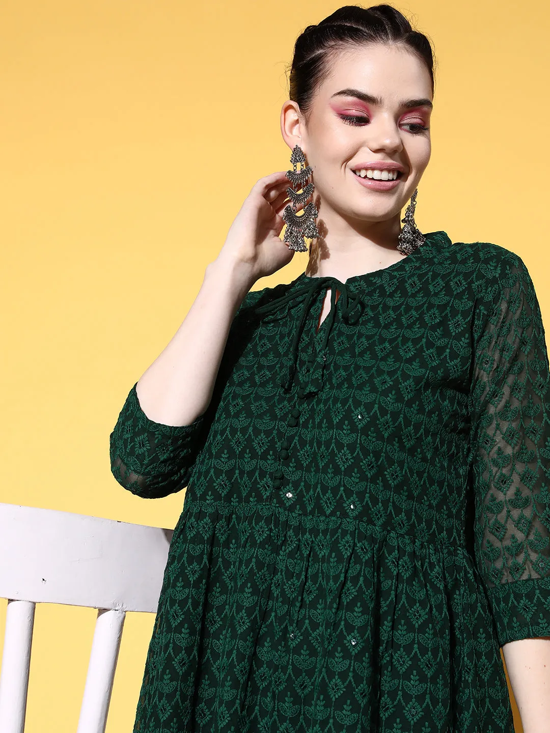 Georgette Mandarin Collar Bottle Green Chikankari Embroidery with Sequin Work  Midy for Women - ZOLA
