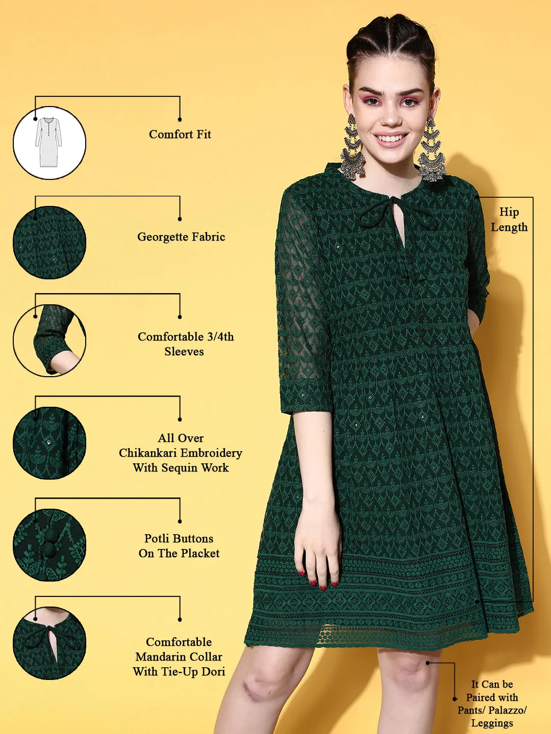 Georgette Mandarin Collar Bottle Green Chikankari Embroidery with Sequin Work  Midy for Women - ZOLA