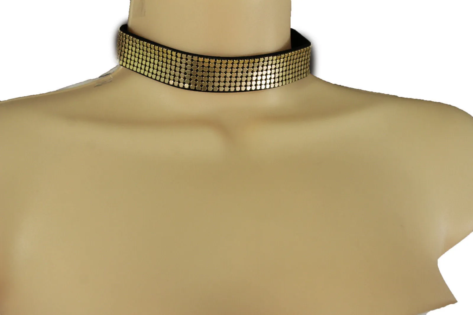 Gold & Black Faux Leather Metal Mesh Skinny Choker Necklace