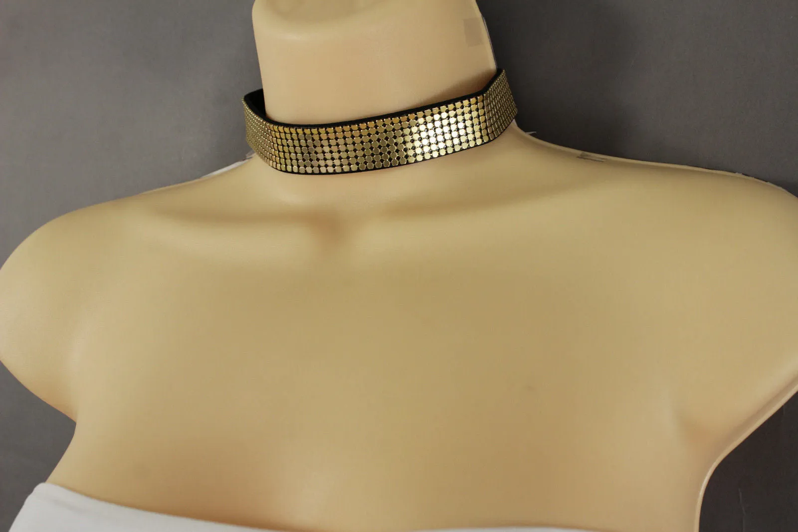 Gold & Black Faux Leather Metal Mesh Skinny Choker Necklace
