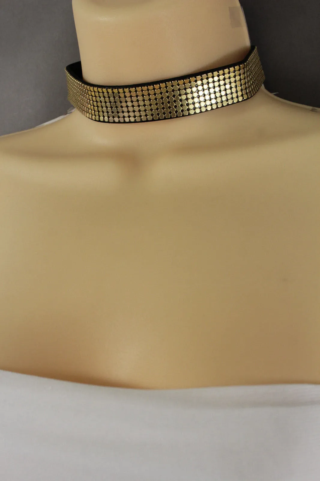 Gold & Black Faux Leather Metal Mesh Skinny Choker Necklace