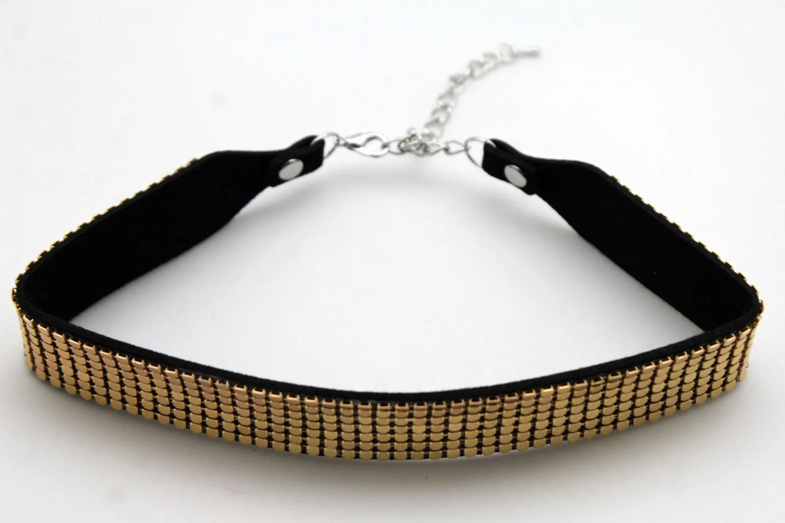 Gold & Black Faux Leather Metal Mesh Skinny Choker Necklace