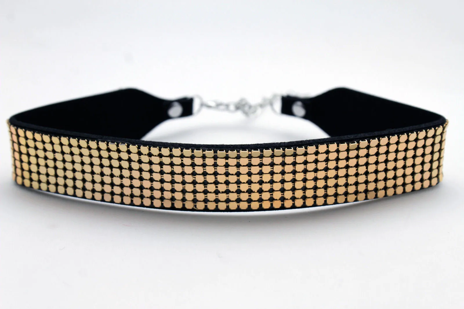 Gold & Black Faux Leather Metal Mesh Skinny Choker Necklace
