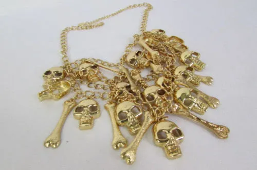 Gold Chains Skulls Strands Skeleton Bones Necklace   Earrings Set