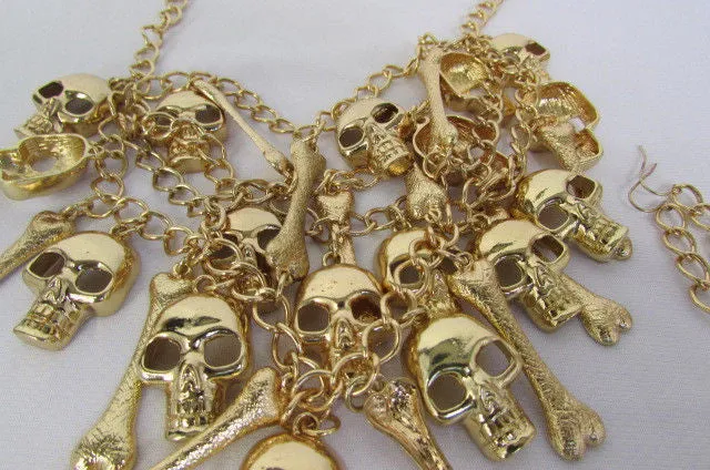 Gold Chains Skulls Strands Skeleton Bones Necklace   Earrings Set