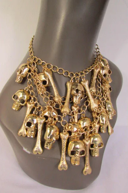 Gold Chains Skulls Strands Skeleton Bones Necklace   Earrings Set