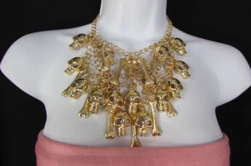 Gold Chains Skulls Strands Skeleton Bones Necklace   Earrings Set