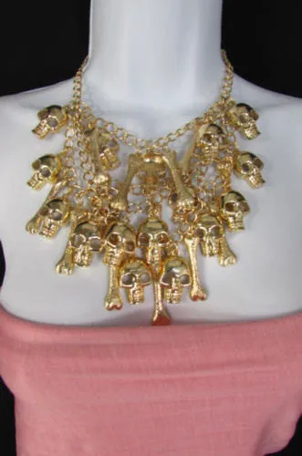 Gold Chains Skulls Strands Skeleton Bones Necklace   Earrings Set