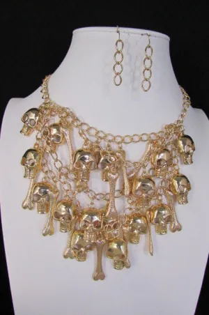 Gold Chains Skulls Strands Skeleton Bones Necklace   Earrings Set