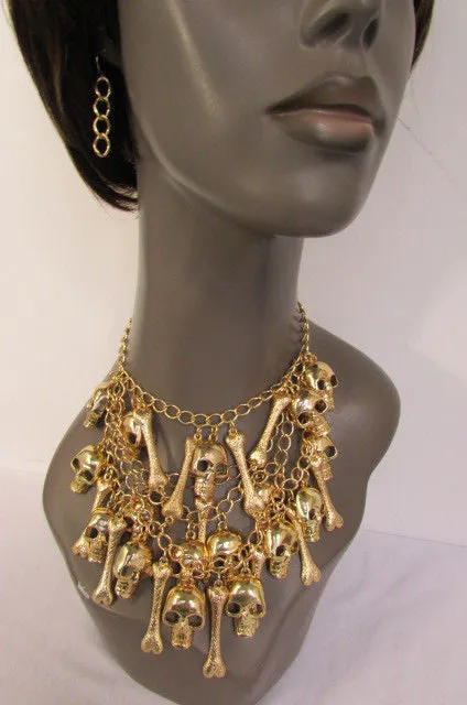 Gold Chains Skulls Strands Skeleton Bones Necklace   Earrings Set