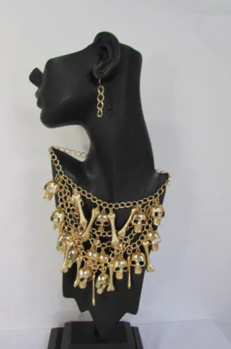 Gold Chains Skulls Strands Skeleton Bones Necklace   Earrings Set