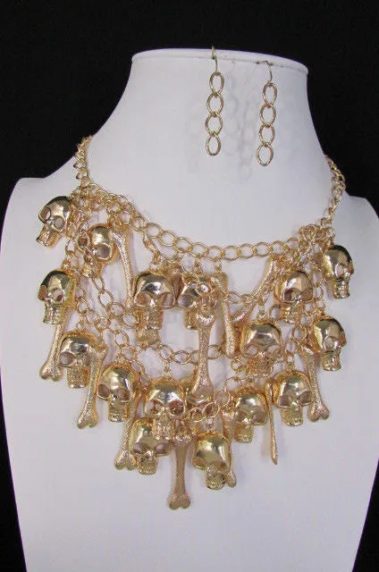 Gold Chains Skulls Strands Skeleton Bones Necklace   Earrings Set