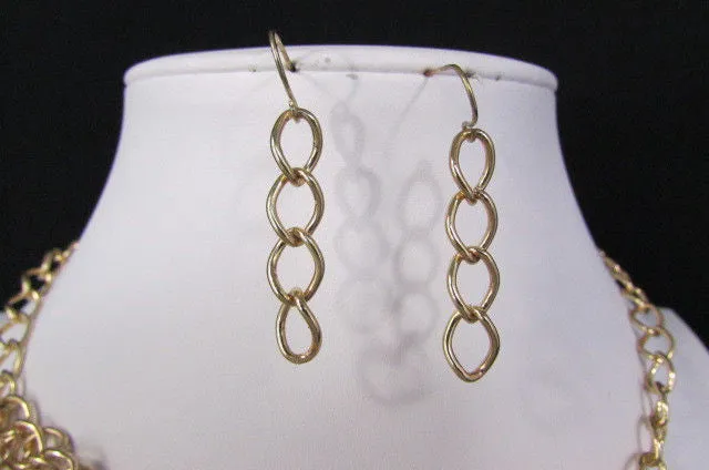 Gold Chains Skulls Strands Skeleton Bones Necklace   Earrings Set