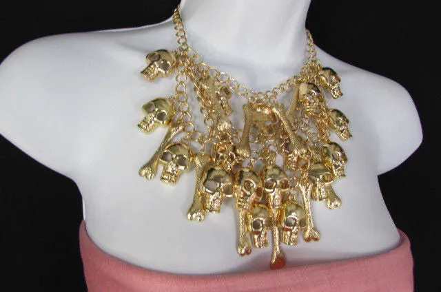 Gold Chains Skulls Strands Skeleton Bones Necklace   Earrings Set