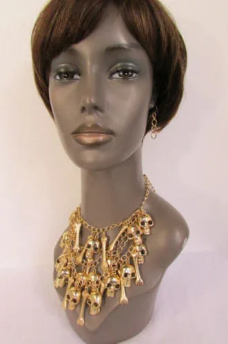 Gold Chains Skulls Strands Skeleton Bones Necklace   Earrings Set