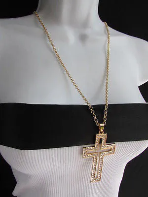 Gold Metal Chain Big Cross Pendant Silver Rhinestones 15" Necklace