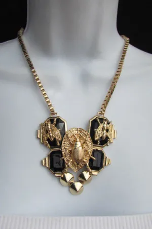 Gold Metal Chain Blue Black Bead Insect Flies Bugs Trendy Necklace Matching Earring Set