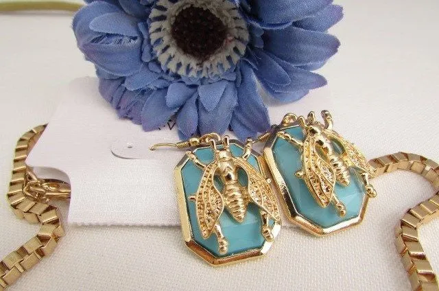 Gold Metal Chain Blue Black Bead Insect Flies Bugs Trendy Necklace Matching Earring Set