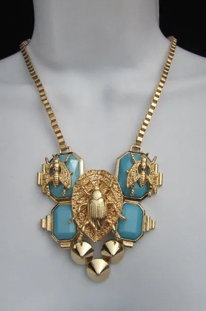 Gold Metal Chain Blue Black Bead Insect Flies Bugs Trendy Necklace Matching Earring Set