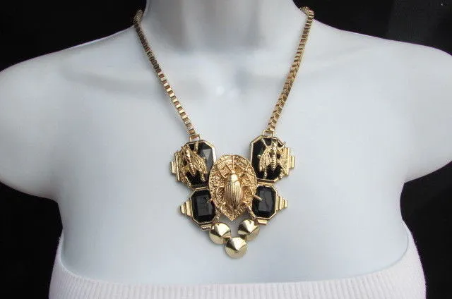Gold Metal Chain Blue Black Bead Insect Flies Bugs Trendy Necklace Matching Earring Set