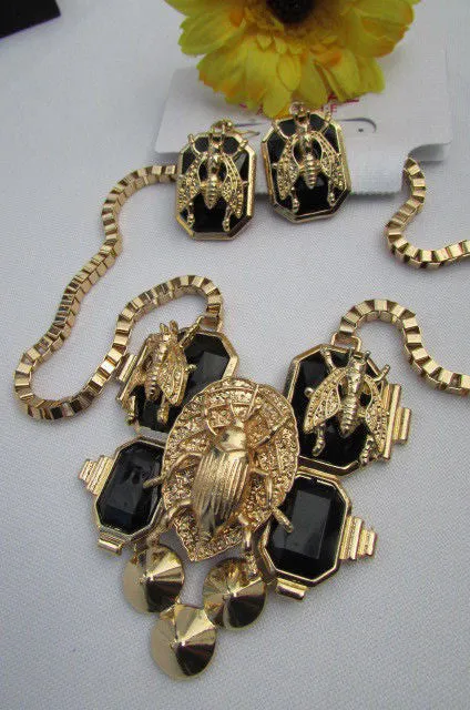 Gold Metal Chain Blue Black Bead Insect Flies Bugs Trendy Necklace Matching Earring Set