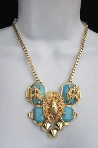 Gold Metal Chain Blue Black Bead Insect Flies Bugs Trendy Necklace Matching Earring Set
