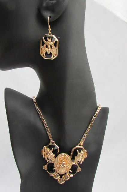 Gold Metal Chain Blue Black Bead Insect Flies Bugs Trendy Necklace Matching Earring Set