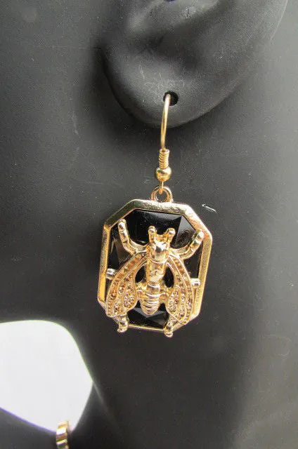Gold Metal Chain Blue Black Bead Insect Flies Bugs Trendy Necklace Matching Earring Set
