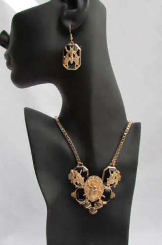 Gold Metal Chain Blue Black Bead Insect Flies Bugs Trendy Necklace Matching Earring Set