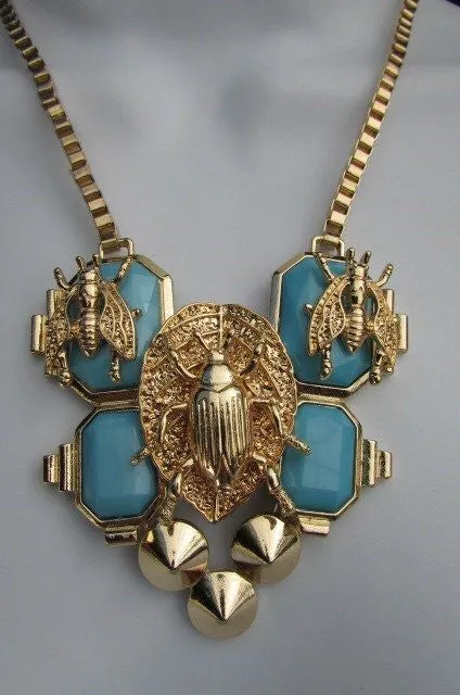 Gold Metal Chain Blue Black Bead Insect Flies Bugs Trendy Necklace Matching Earring Set