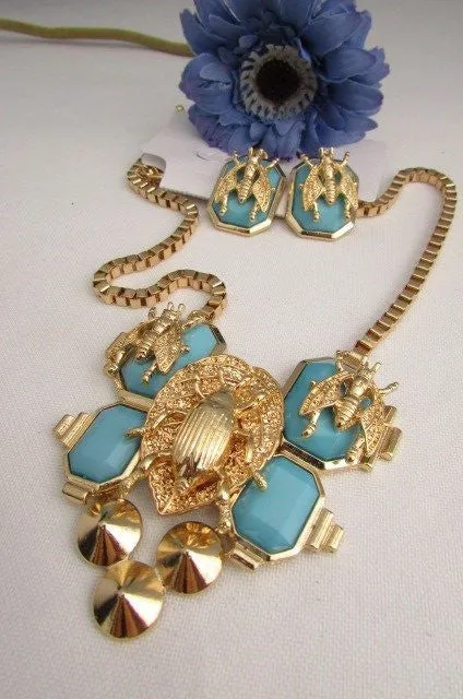 Gold Metal Chain Blue Black Bead Insect Flies Bugs Trendy Necklace Matching Earring Set