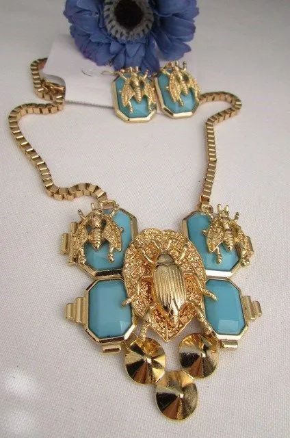 Gold Metal Chain Blue Black Bead Insect Flies Bugs Trendy Necklace Matching Earring Set