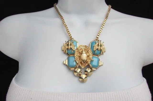 Gold Metal Chain Blue Black Bead Insect Flies Bugs Trendy Necklace Matching Earring Set